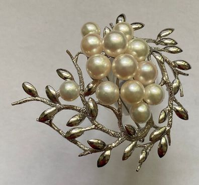 Elegante große Brosche 800er Silber mit Perlenbesatz - Größe 6 x 5 cm