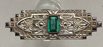 Art Deco Brosche um 1900 - Zirkon Smaragd grün / Markasiten - 830er Silber