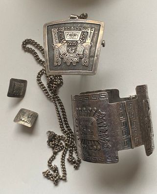 Silber - Mexiko antikes Schmuckset - Armreif , Anhänger mit Kette , Ohrstecker