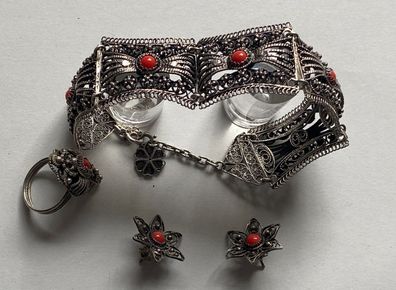 Silberdraht-Schmuckset antik mit Koralle - Armband, Ohrstecker und Ring ( 52 )
