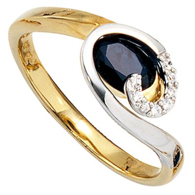 Damen Ring 585 Gold Gelbgold Weißgold 1 Saphir blau 8 Diamanten Brillanten