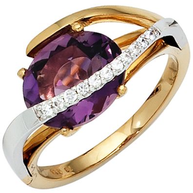 Damen Ring 585 Gold bicolor 11 Diamanten Brillanten 1 Amethyst lila violett.
