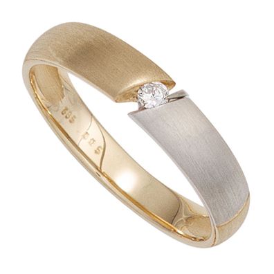 Damen Ring 585 Gold Gelbgold bicolor matt 1 Diamant Brillant 0,05ct. Goldring.