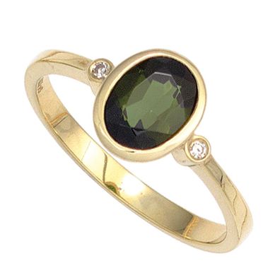 Damen Ring 585 Gold Gelbgold 1 Turmalin grün 2 Diamanten 0,02ct. Goldring.
