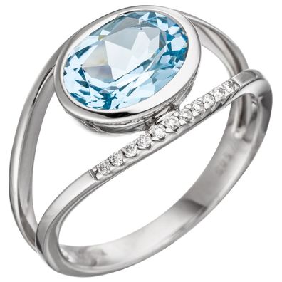 Damen Ring 585 Weißgold 11 Diamanten Brillanten 1 Blautopas hellblau blau.