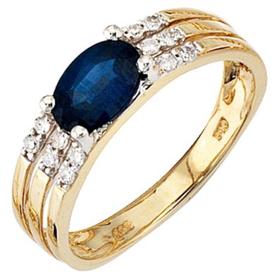 Damen Ring 585 Gold Gelbgold 1 blauer Saphir 12 Diamanten Saphirring Goldring.