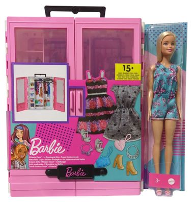 Mattel GBK12 Barbie Traum Kleiderschrank mit Puppe, 6 Kleiderbügel, 3 Moden, 3 P