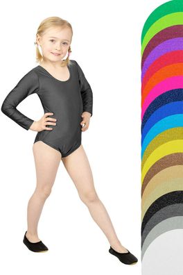 Kinder Gymnastikanzug lange Ärmel Glanz Body einfarbig stretch leotard 104 - 176