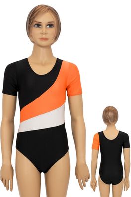 Kinder Turnanzug Body "Diana" kurze Ärmel schwarz-orange-weiß leotard trikot