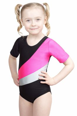 Kinder Turnanzug "Diana" kurze Ärmel schwarz-pink-silber Leotard Trikot Body shiny