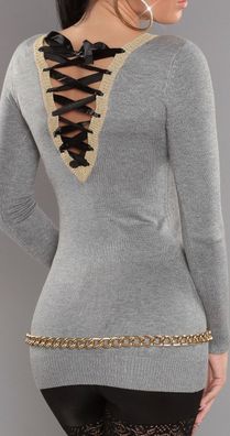 SeXy Miss Damen Girly Feinstrick Long Pullover V Pulli Schnürung Lurex 34/36/38 grau