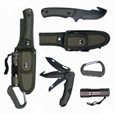 MFH Messer Set Survival Jagdmesser Outdoormesser oliv mit Taschenlampe
