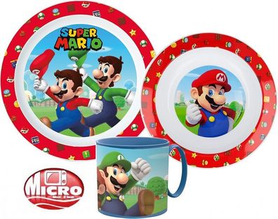 Super Mario Kinder-Geschirr Set mit Teller, Müslischale und Tasse Frühstücks Set