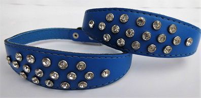 HUNDE Halsband, Halsumfang 30-35cm/30mm, Leder + Kristallen Dunkel BLAU (9-02-4-
