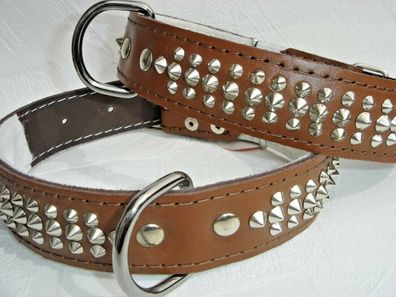 LEDER Halsband - Hundehalsband, NIETEN BRAUN, Halsumfang 46-57cm, NEU (996)