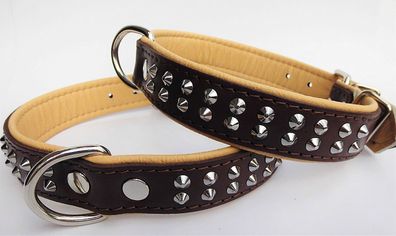 Hunde Halsband - NIETEN, Halsumfang 42-52cm, Echt LEDER - Braun-Natur (836)