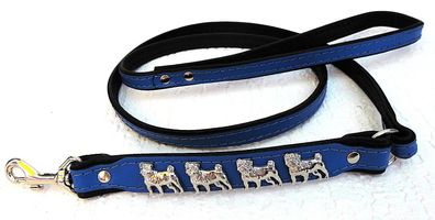 MOPS Hundeleine - Leine Metallaplikationen, Leder 125cm/16mm Blau-Schwarz