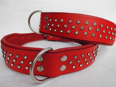 Halsband - Hundehalsband, Halsumfang 62-73 cm/50mm, LEDER + Kristallen ROT, Neu