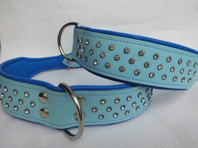 Halsband - Hundehalsband, Halsumfang 43-51cm/40mm, LEDER + Kristallen + BLAU, Neu bn