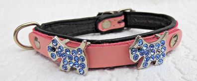 Hundehalsband - Halsband, Halsumfang 16-21cm, LEDER + Strass Blau + Rosa
