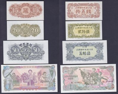 4 Banknoten Nordkorea Korea Northern 15 - 50 Chon, 1 Won kassenfrisch (162039)