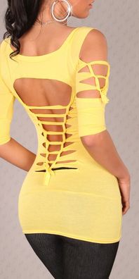 SeXy Miss Damen Long Top Shirt Girly Bänder Risse gelb 34/36/38 Neu