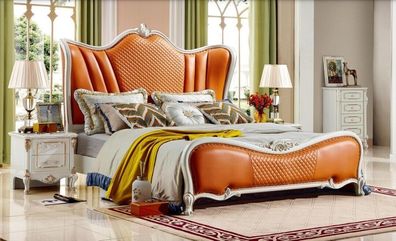 Bett Klassisches Schlafzimmer Chesterfield Orange 2x Nachttisch 3tlg Holz