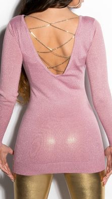 SeXy Miss Damen Long Pulli Kette Rücken Pullover Strick Glitzer Lurex 34/36/38 rosa