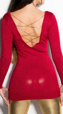SeXy Miss Damen Long Pulli Kette Rücken Pullover Strick Glitzer Lurex 34/36/38 rot