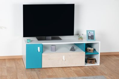 Jugendzimmer - TV-Unterschrank Aalst 24, Farbe: Eiche / Weiß / Blau - Abmessunge