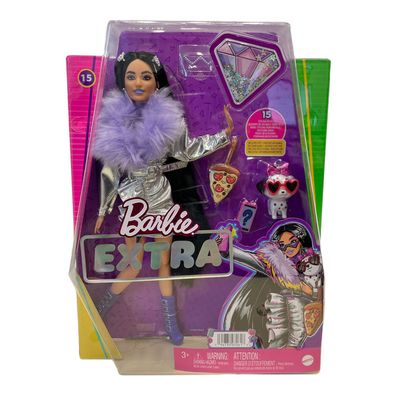 Barbie Extra Puppe mit schwarzen Haaren mit flieder Flausch-Kragen Mattel HHN07