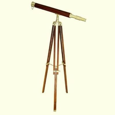 Großes Teleskop aus Messing mit Holzummantelung und Holzstativ 130 cm