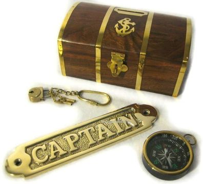 3er Set Piraten- Spardose mit Schloß- massives Türschild Captain- Kompass Messin