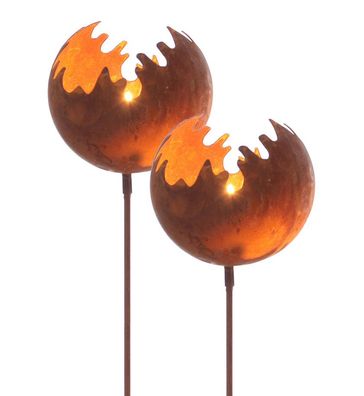 Metall Rost Feuer Ball - 2er Set / klein - Deko Garten Kugel Windlicht Stecker
