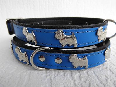 WESTIE Hundehalsband, LEDER, Halsumfang 27-32cm, Dunkel BLAU, NEU 1w