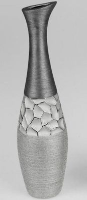 739933 Flaschenvase 10x40cm Silber grau aus Keramik matte reliefierte Oberfläche
