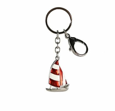50298 Schlüsselanhänger Segelboot aus Metall Silber rot weiß 10cm