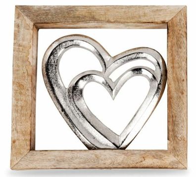 502155 Wandbild Herz 20x 20cm aus Aluminium und massivem Mangoholz-Rahmen