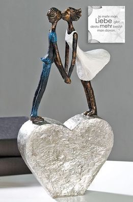 59954 Skulptur Devotion aus Poly weißes Kleid / blauer Anzug auf silbernem Herz
