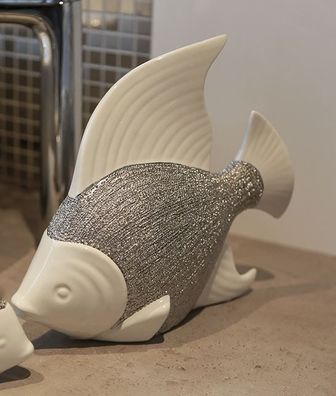 36805 Figur Fisch Prime Keramik Weiss glasiert Silber mit Oberflächenstruktur