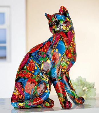 36764 Katzen Pop Art sitzend mehrfarbig Graffiti-Design Katze bunt Höhe 29cm