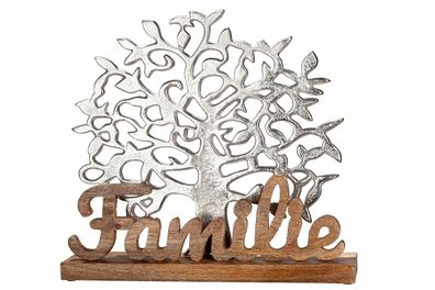 48006 Lebensbaum Familie Silberfarben / Natur Schriftzug und Base Mangoholz 41cm