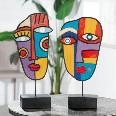 37192 Skulptur Paar Gesicht Abstrakt mehrfarbig, mit Stab auf schwarzer Base
