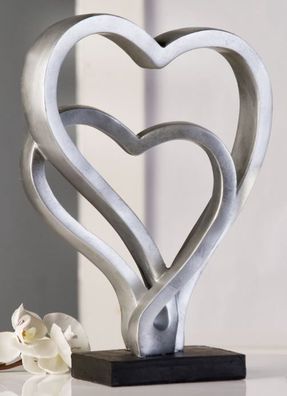 59662 Skulptur Skulptur Hearts Herz aus Poly antik-silber auf schwarzer Base