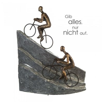89167 Skulptur "Racing" Poly / Metall . bronzefarben 2 Fahrradfahrer auf Berg