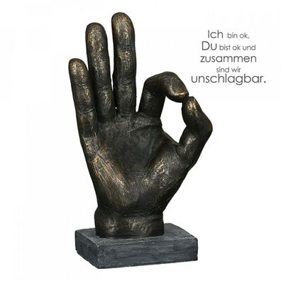 89342 Skulptur Okay Poly bronzefarben Hand mit Okay-Zeichen-Finger auf Basis
