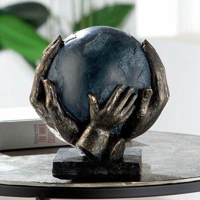 37154 Skulptur "Save the World" bronzefarben/ grau, auf schwarzer Base 3 Hände