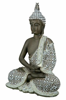 37366 Buddha Mangala dunkelbraun/ weiß gewischt, mit Glasdeko 29 x 20 x 10cm