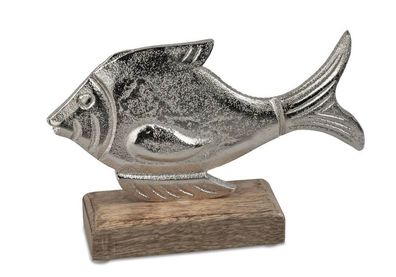 509949 Fisch auf Sockel 20x12cm eine Kombination aus silbernem Alu & Mangoholz