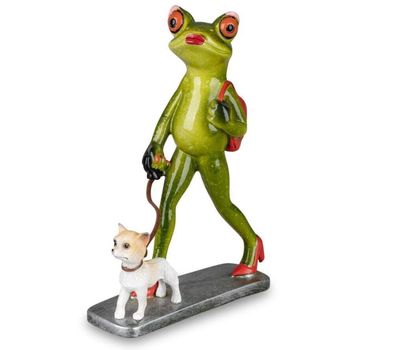 717597 Frosch-Lady mit Hund 17cm Kunststein gefertigt mit glänzender Oberfläche